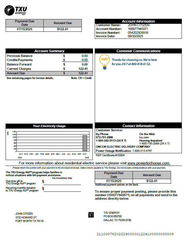 USA TXU Energy utility bill template in Word and PDF formats, version 2